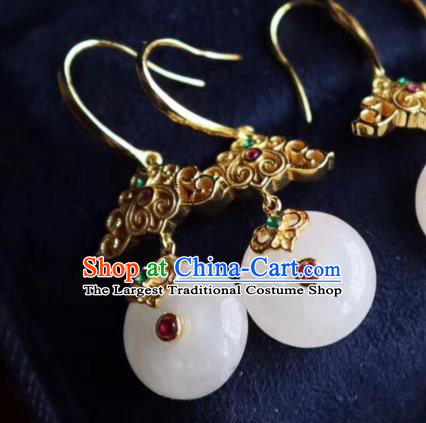 Chinese Handmade Golden Cloud Ear Accessories Traditional Cheongsam Jade Peace Buckle Earrings