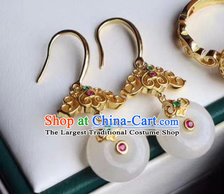 Chinese Handmade Golden Cloud Ear Accessories Traditional Cheongsam Jade Peace Buckle Earrings