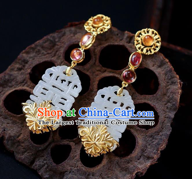 Chinese Handmade Wedding Ear Accessories Traditional Cheongsam White Jade Earrings