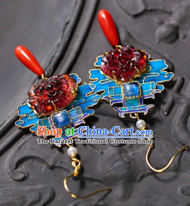 Chinese Handmade Cheongsam Tourmaline Peony Ear Accessories Traditional Qing Dynasty Court Earrings