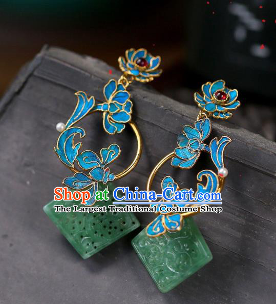 Chinese Handmade Jadeite Carving Ear Accessories Traditional Qing Dynasty Cheongsam Earrings