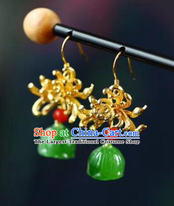 Chinese Handmade National Golden Chrysanthemum Ear Accessories Traditional Cheongsam Jade Lotus Seedpod Earrings
