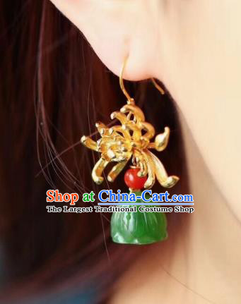 Chinese Handmade National Golden Chrysanthemum Ear Accessories Traditional Cheongsam Jade Lotus Seedpod Earrings