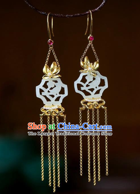 Chinese Handmade White Jade Ear Accessories Traditional Cheongsam Golden Orchid Tassel Earrings