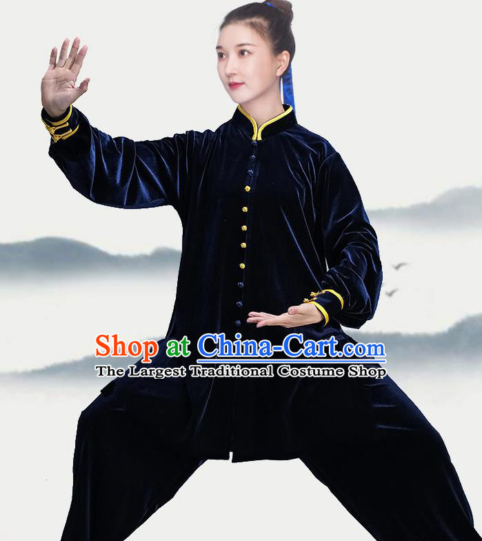 China Tai Chi Training Costumes Traditional Kung Fu Navy Velvet Uniforms Martial Arts Clothing