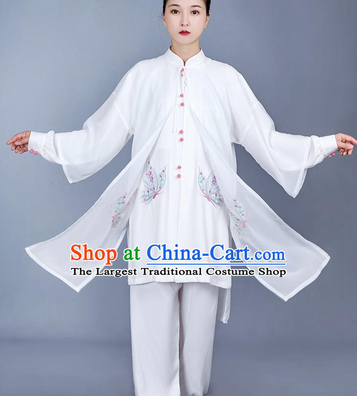 China Martial Arts Clothing Tai Chi Training Costumes Traditional Kung Fu Embroidered Butterfly White Uniforms