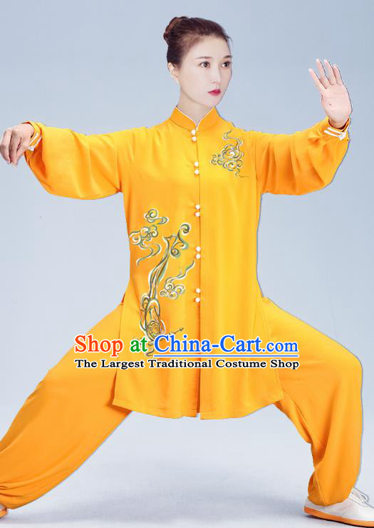 China Traditional Kung Fu Hand Painting Yellow Uniforms Martial Arts Clothing Tai Chi Training Costumes