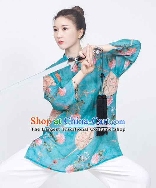 China Traditional Tai Chi Training Costume Printing Flowers Blue Flax Blouse Martial Arts Clothing