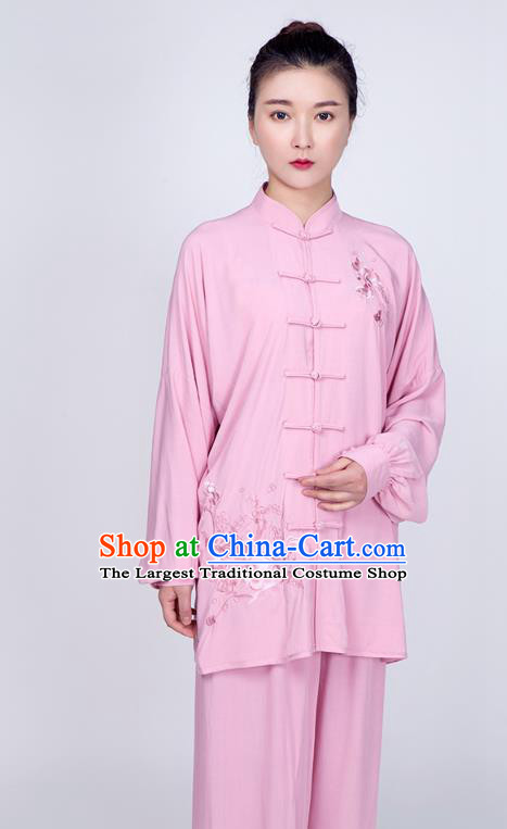 China Kung Fu Peach Pink Flax Uniforms Traditional Tai Chi Training Embroidered Costume