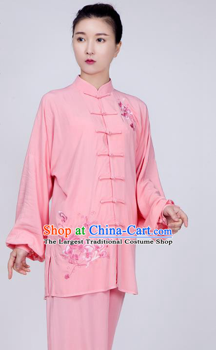 China Martial Arts Embroidered Costume Kung Fu Pink Flax Uniforms Traditional Tai Chi Training Costume
