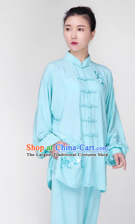 China Traditional Tai Chi Training Costume Martial Arts Embroidered Clothing Kung Fu Light Blue Flax Uniforms