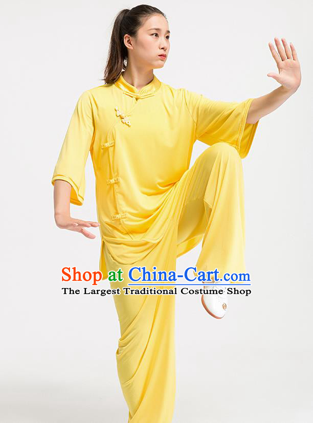 China Traditional Martial Arts Clothing Kung Fu Yellow Uniforms Summer Tai Chi Training Costume