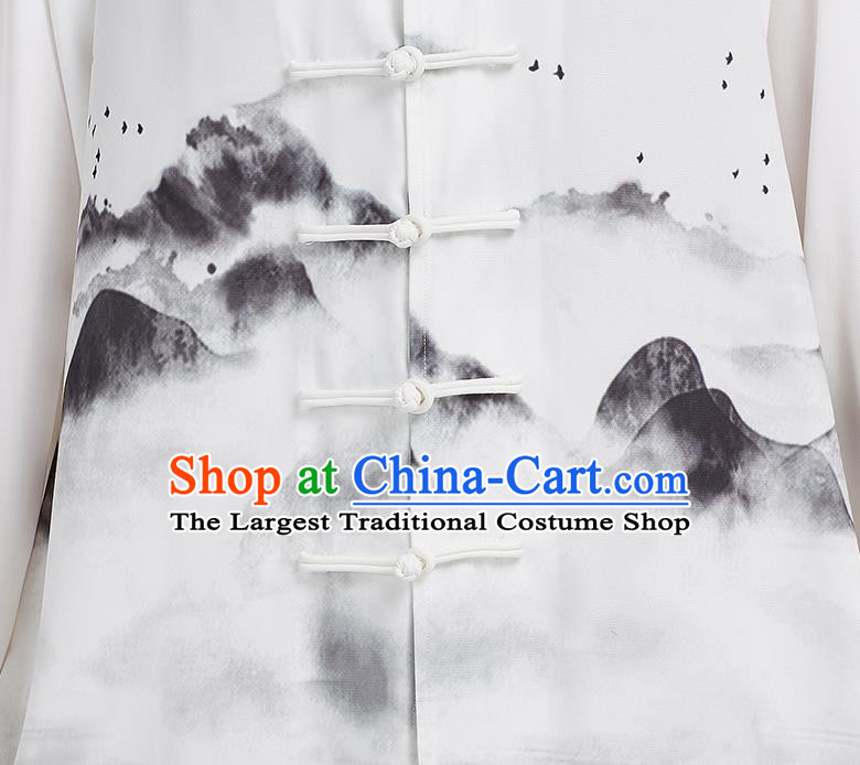 China Ink Landscape Painting White Uniforms Kung Fu Costume Tai Chi Clothing