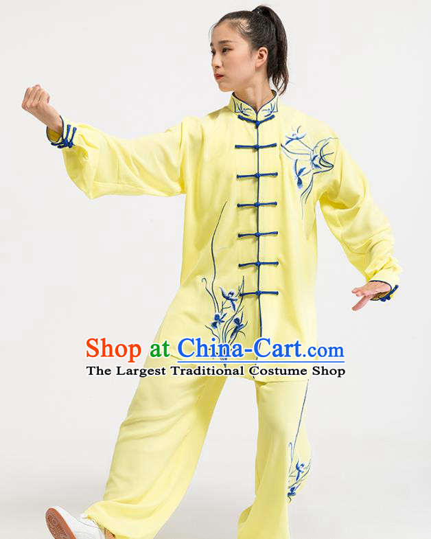 China Top Kung Fu Competition Costumes Tai Chi Training Embroidered Orchids Yellow Uniforms