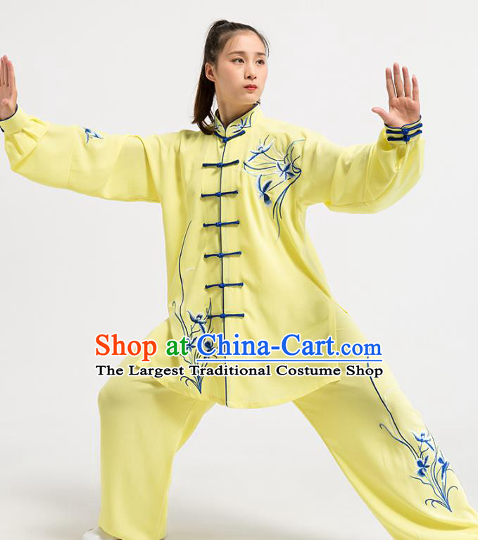 China Top Kung Fu Competition Costumes Tai Chi Training Embroidered Orchids Yellow Uniforms