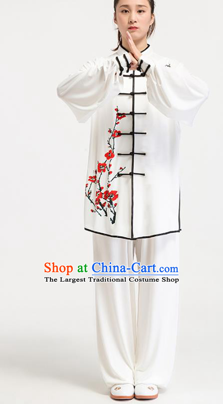China Tai Chi Training Printing Plum Blossom White Uniforms Traditional Kung Fu Competition Costumes