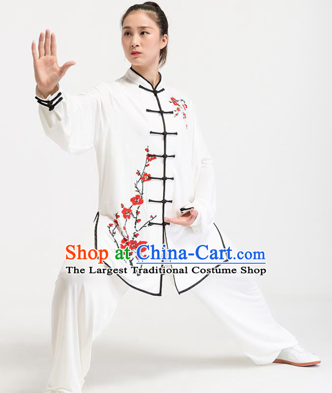 China Tai Chi Training Printing Plum Blossom White Uniforms Traditional Kung Fu Competition Costumes