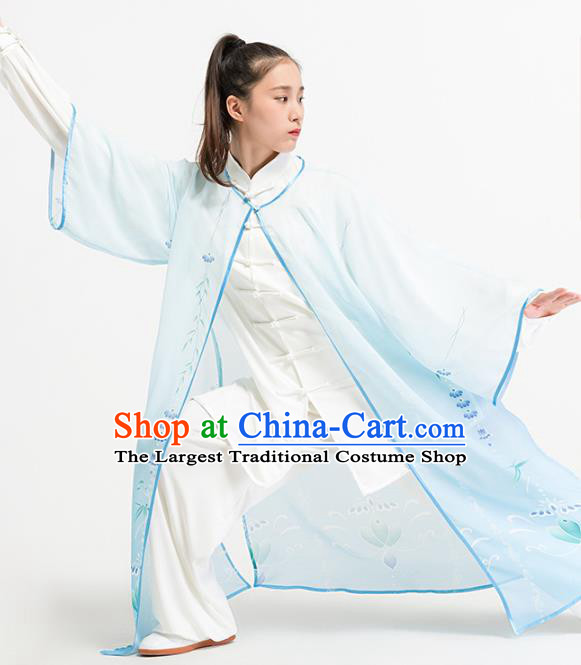 China Traditional Kung Fu Training Printing Lotus Light Blue Cloak Tai Chi Stage Show Cape