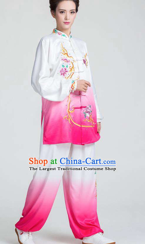 China Traditional Tai Chi Competition Clothing Kung Fu Embroidered Rosy Uniforms