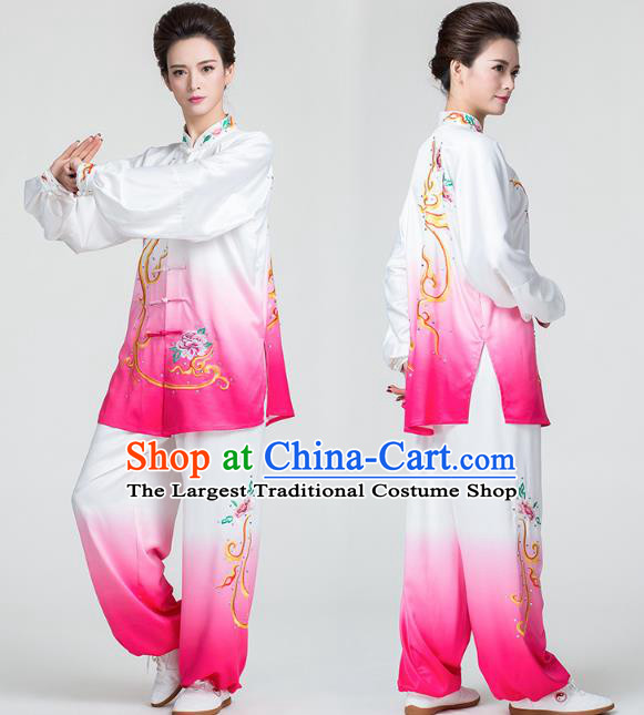 China Traditional Tai Chi Competition Clothing Kung Fu Embroidered Rosy Uniforms