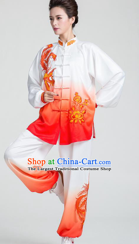 China Traditional Kung Fu Embroidered Phoenix Peony Red Uniforms Tai Chi Stage Performance Clothing