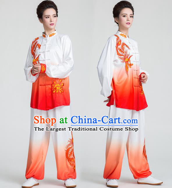 China Traditional Kung Fu Embroidered Phoenix Peony Red Uniforms Tai Chi Stage Performance Clothing