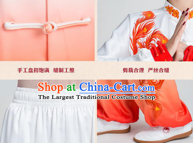 China Traditional Kung Fu Embroidered Phoenix Peony Red Uniforms Tai Chi Stage Performance Clothing