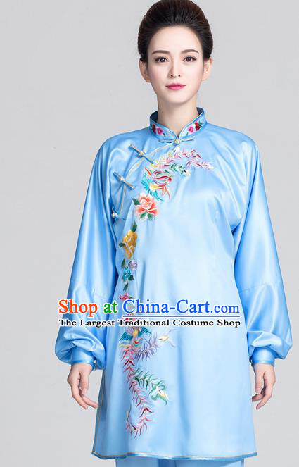 China Best Tai Chi Training Clothing Traditional Embroidered Phoenix Peony Blue Satin Uniforms