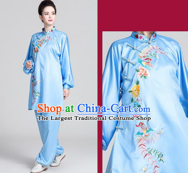 China Best Tai Chi Training Clothing Traditional Embroidered Phoenix Peony Blue Satin Uniforms