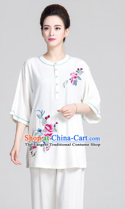 China Summer Tai Chi Clothing Traditional Martial Arts Embroidered White Flax Short Sleeve Uniforms