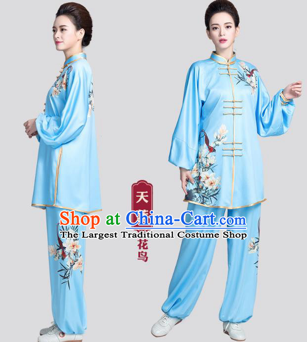 China Kung Fu Competition Clothing Traditional Tai Chi Printing Mangnolia Blue Satin Uniforms