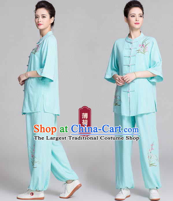 China Kung Fu Competition Clothing Traditional Embroidered Orchids Light Green Flax Uniforms