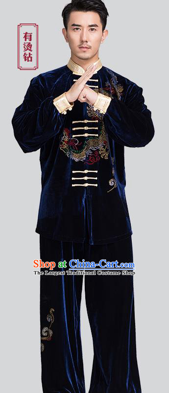 Chinese Traditional Tai Chi Navy Pleuche Costumes Men Kung Fu Uniforms