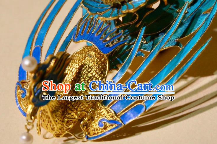 Chinese Handmade Peals Tassel Hairpin Traditional Hair Jewelry Ancient Ming Dynasty Court Woman Filigree Phoenix Hair Crown
