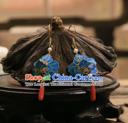 Handmade Chinese Blue Peony Ear Accessories Traditional Culture Jewelry Cheongsam Agate Earrings