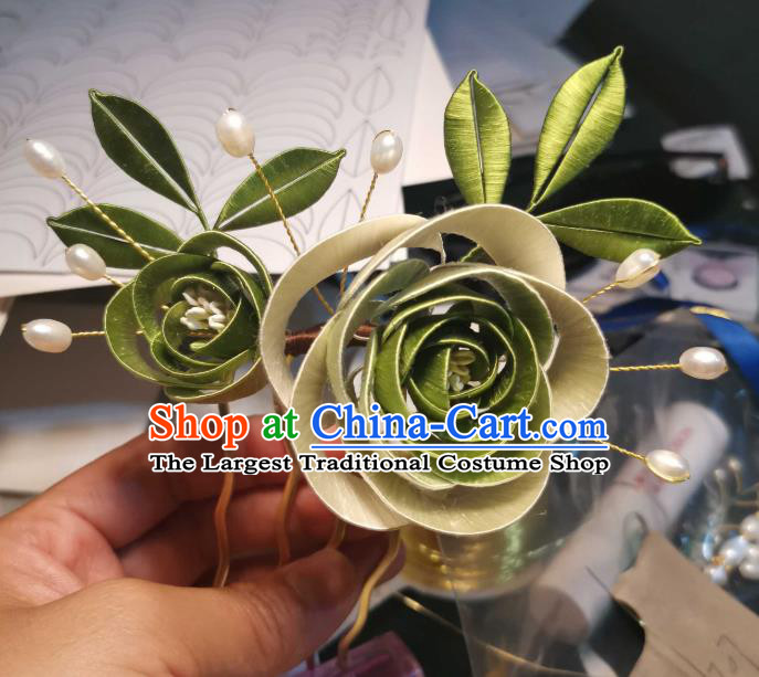 Chinese Ancient Song Dynasty Princess Green Silk Rose Hair Comb Handmade Hairpin Traditional Hair Jewelry