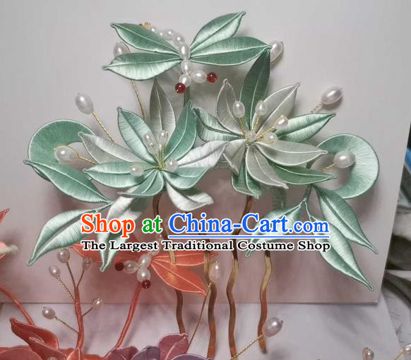Chinese Traditional Hair Jewelry Ancient Song Dynasty Princess Hair Comb Handmade Green Silk Epiphyllum Hairpin