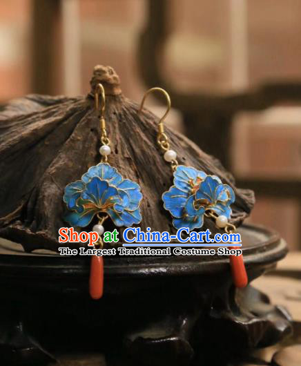 Handmade Chinese Blue Peony Ear Accessories Traditional Culture Jewelry Cheongsam Agate Earrings