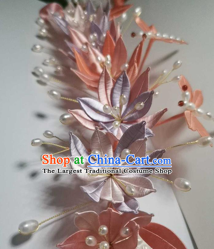 Chinese Handmade Silk Lotus Hairpin Traditional Hair Jewelry Ancient Song Dynasty Princess Pearls Dragonfly Hair Crown