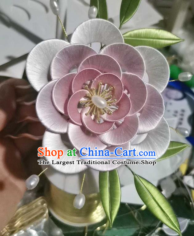 Chinese Traditional Pearls Hair Jewelry Handmade Pink Silk Camellia Hairpin Ancient Princess Hair Comb