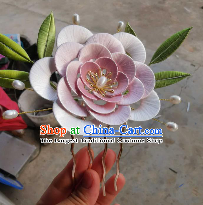 Chinese Traditional Pearls Hair Jewelry Handmade Pink Silk Camellia Hairpin Ancient Princess Hair Comb