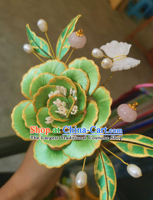 Chinese Traditional Shell Butterfly Hair Jewelry Handmade Green Silk Peony Hairpin Ancient Princess Pearls Hair Stick