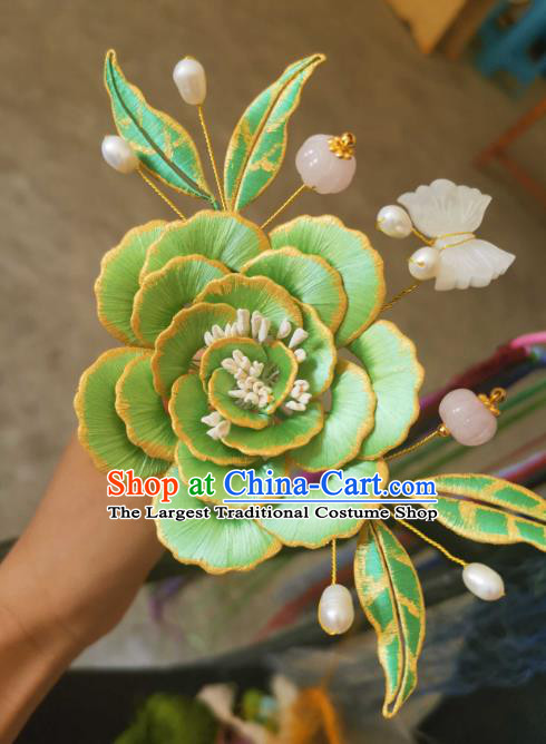 Chinese Traditional Shell Butterfly Hair Jewelry Handmade Green Silk Peony Hairpin Ancient Princess Pearls Hair Stick