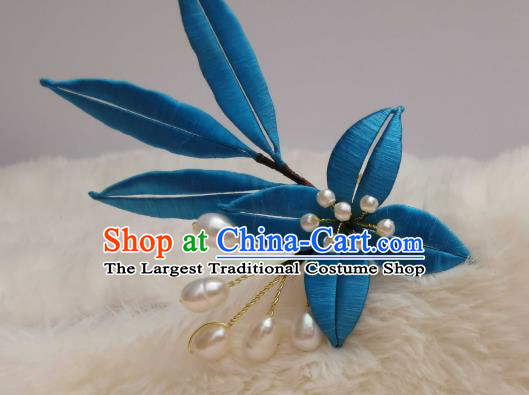Chinese Ancient Princess Pearls Hair Stick Traditional Hair Jewelry Handmade Blue Silk Bamboo Leaf Hairpin