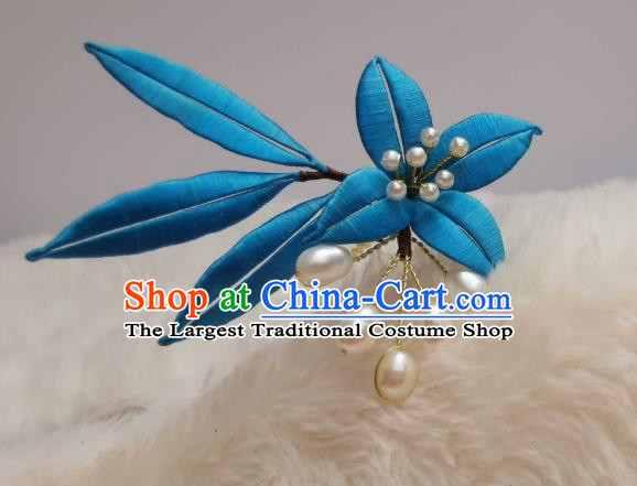 Chinese Ancient Princess Pearls Hair Stick Traditional Hair Jewelry Handmade Blue Silk Bamboo Leaf Hairpin