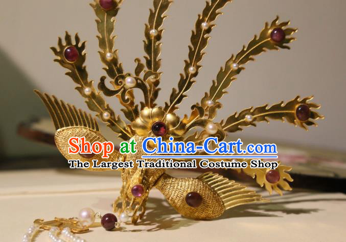 Chinese Handmade Pearls Long Tassel Hairpin Traditional Hair Jewelry Ancient Ming Dynasty Empress Golden Phoenix Hair Crown