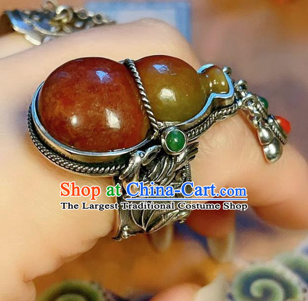 Chinese National Silver Ring Jewelry Traditional Handmade Jadeite Gourd Circlet Accessories