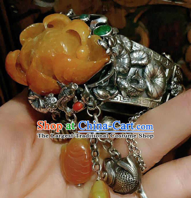 Chinese National Jade Carving Lotus Bracelet Jewelry Traditional Handmade Accessories Silver Bangle