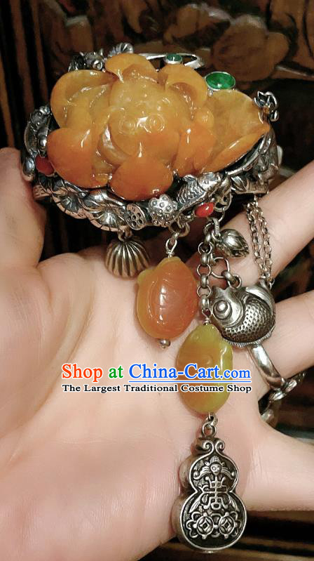 Chinese National Jade Carving Lotus Bracelet Jewelry Traditional Handmade Accessories Silver Bangle