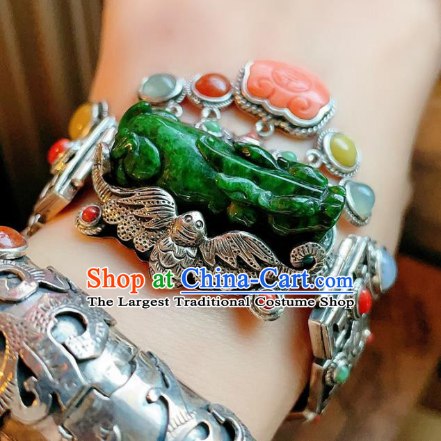 Chinese National Jadeite Tiger Bracelet Jewelry Traditional Handmade Accessories Silver Carving Bat Bangle